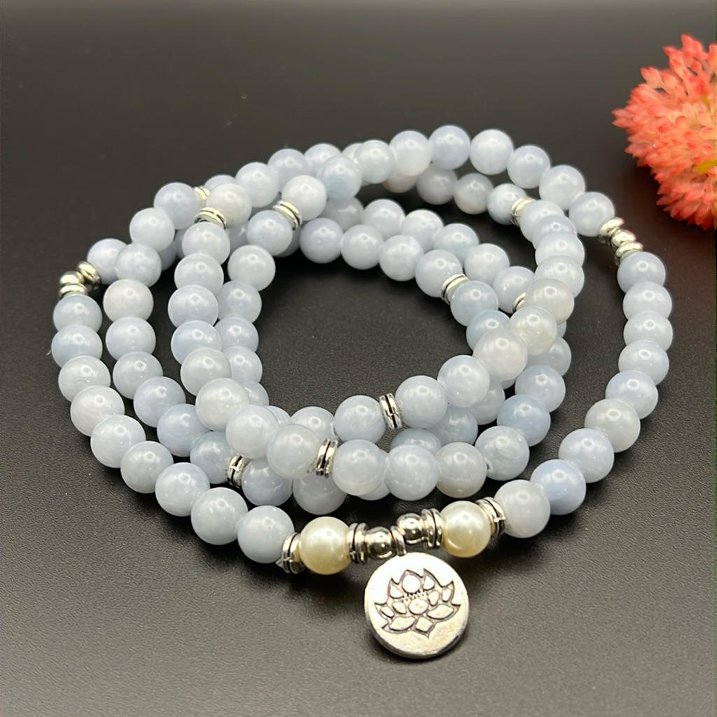 Natural Gemstone 108 Mala Beads Wrap Bracelet Necklace With Yoga Lotus Charm